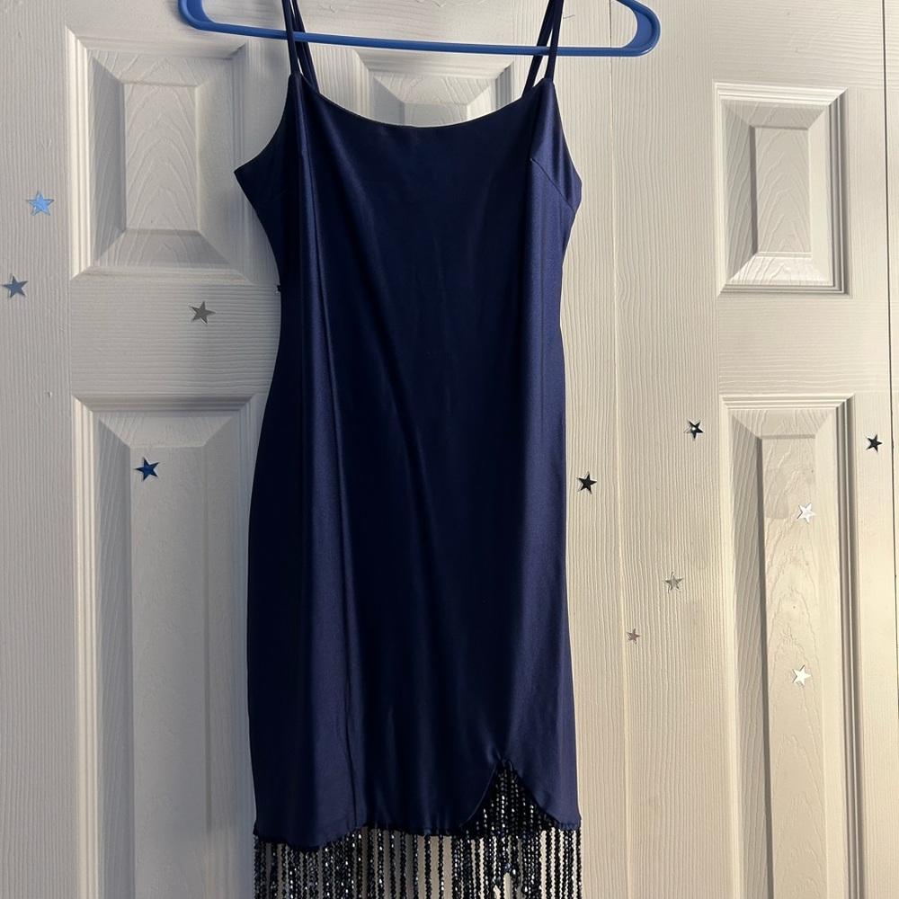 super comfy blue formal dress with sparkly tassels